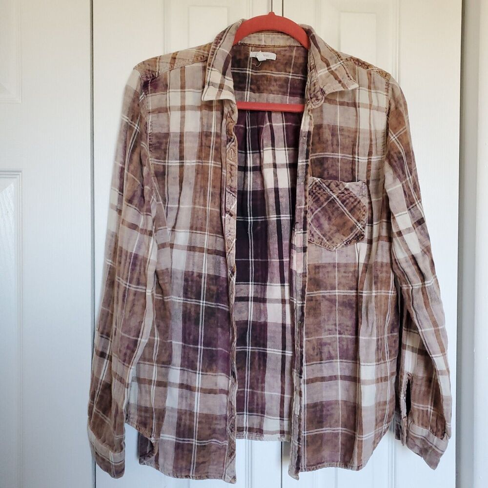 Plaid Grunge Faded Long Sleeve Brown Urban Scene Street Large Hobo Distressed